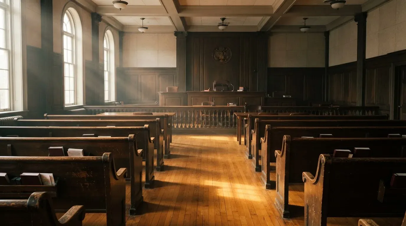 An empty courtroom with wooden benches in morning light
