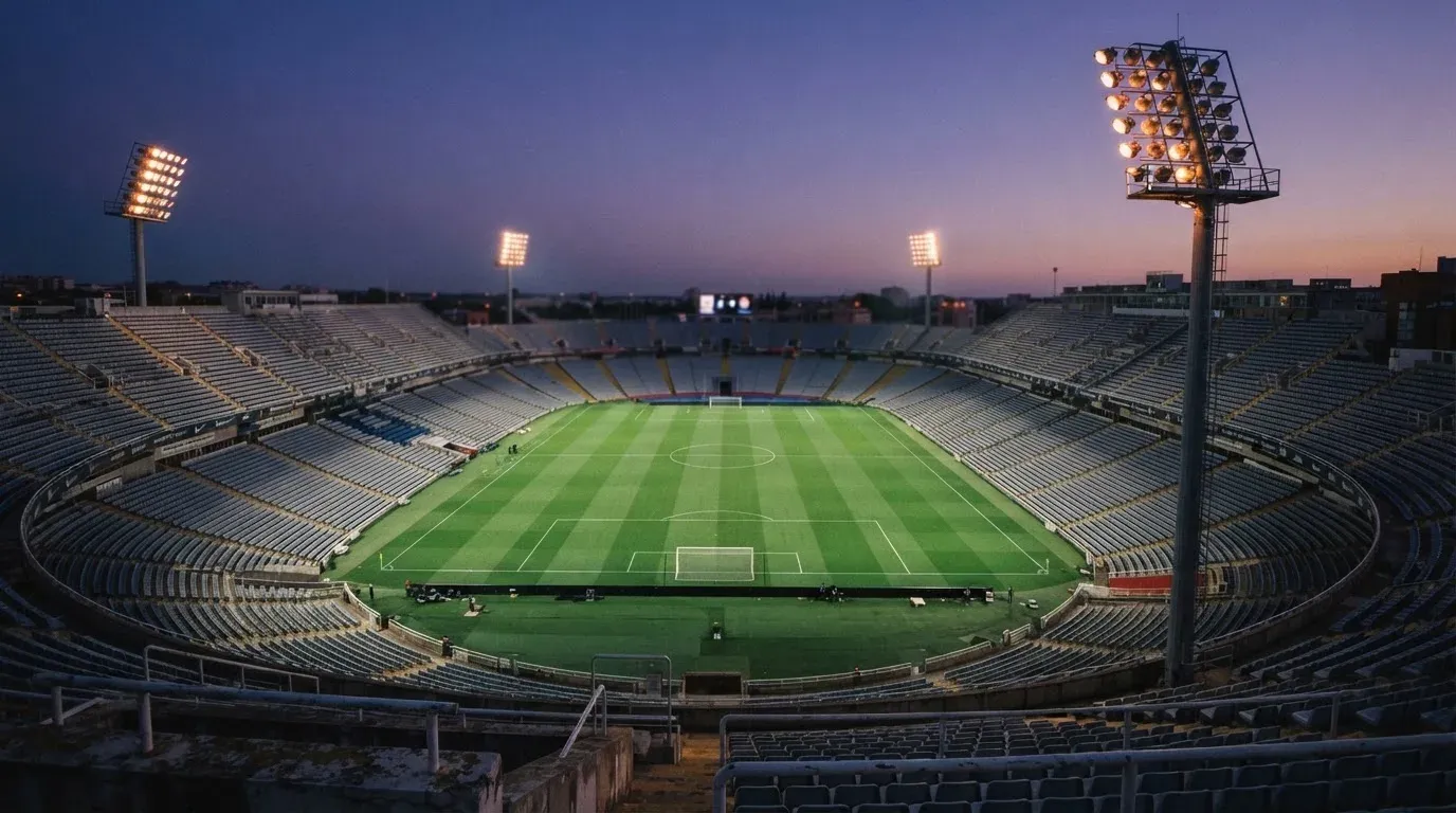 An empty football stadium with floodlight masts at dusk