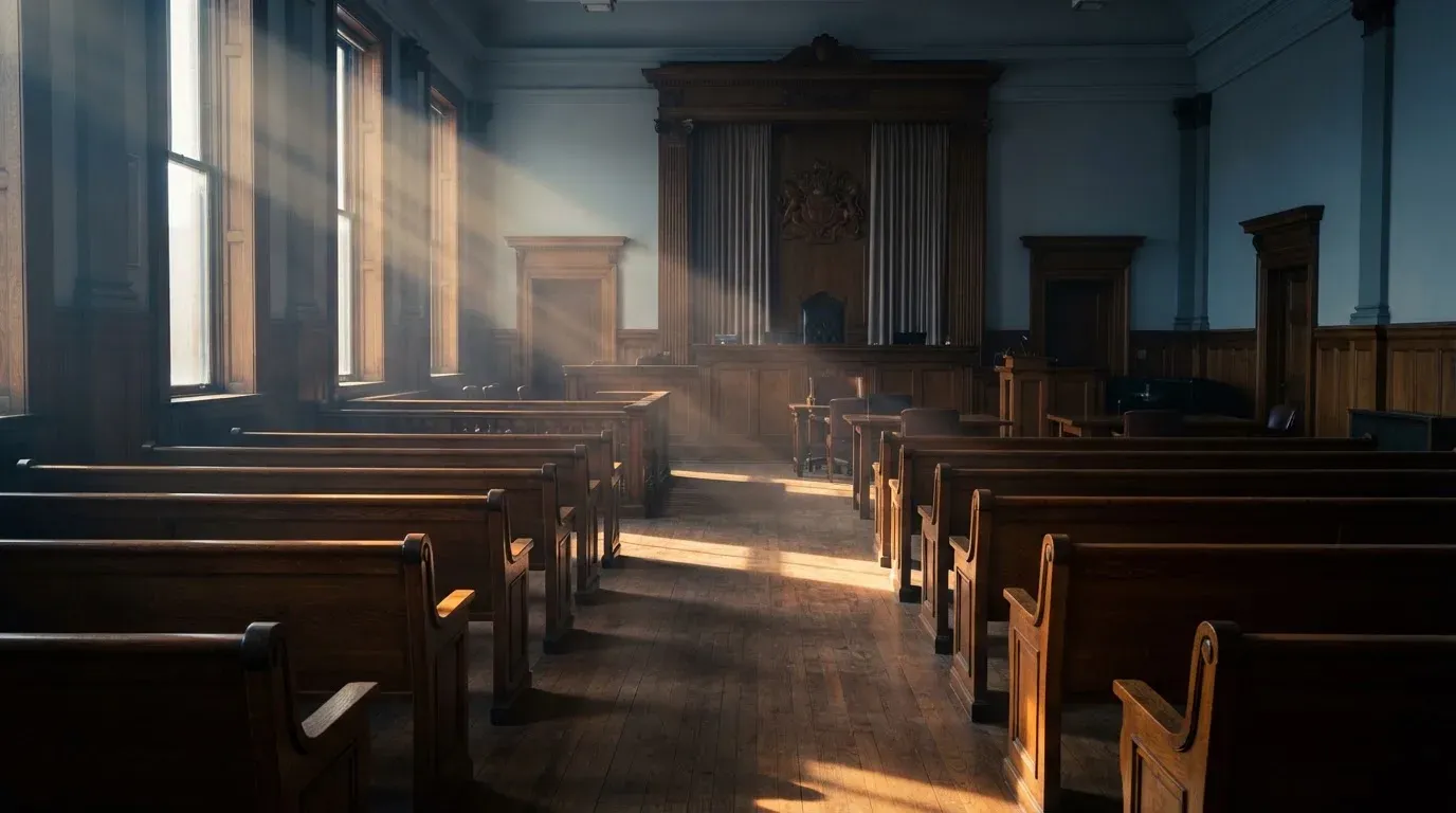 An empty courtroom with wooden benches in morning light