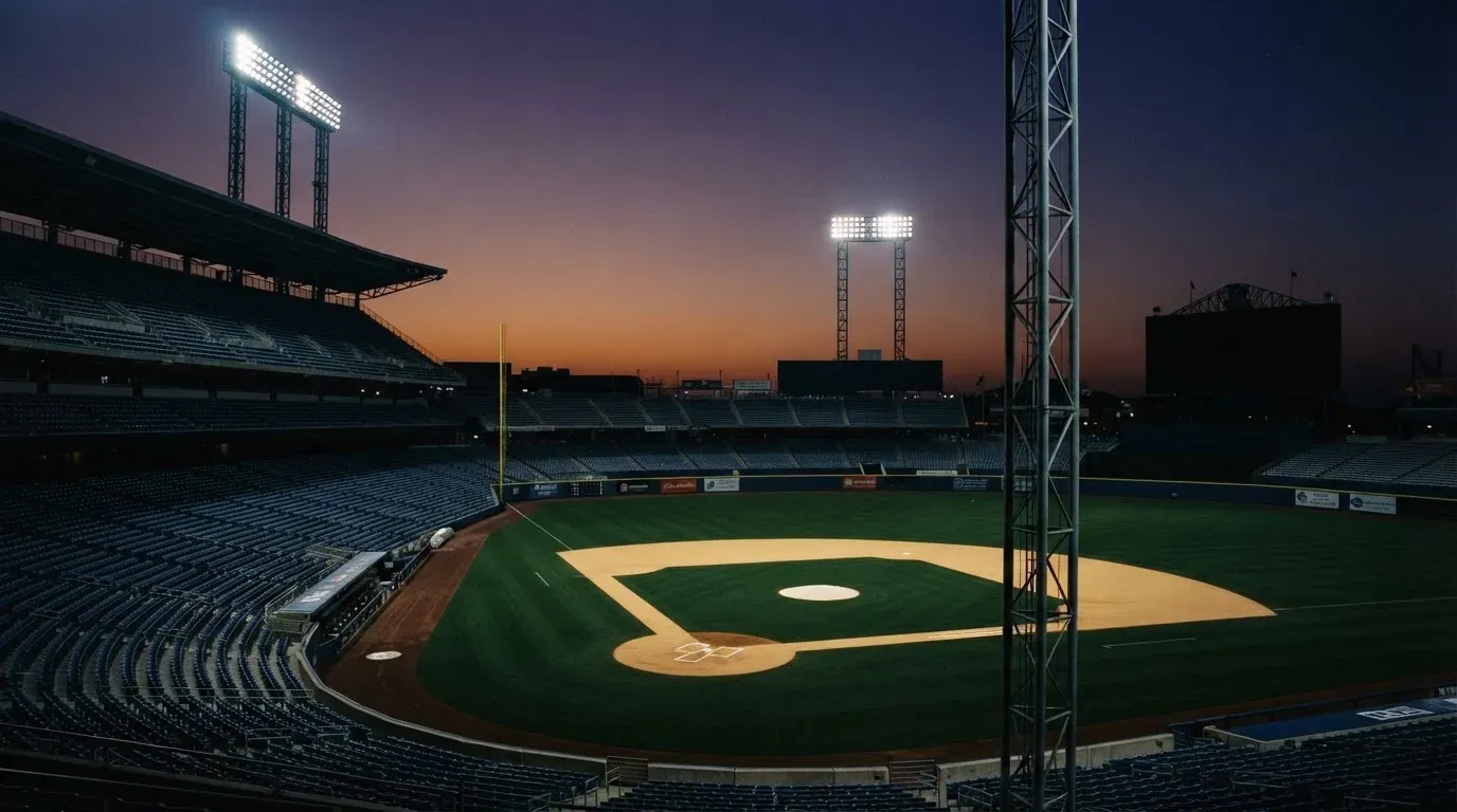 An empty football stadium with floodlight masts at dusk