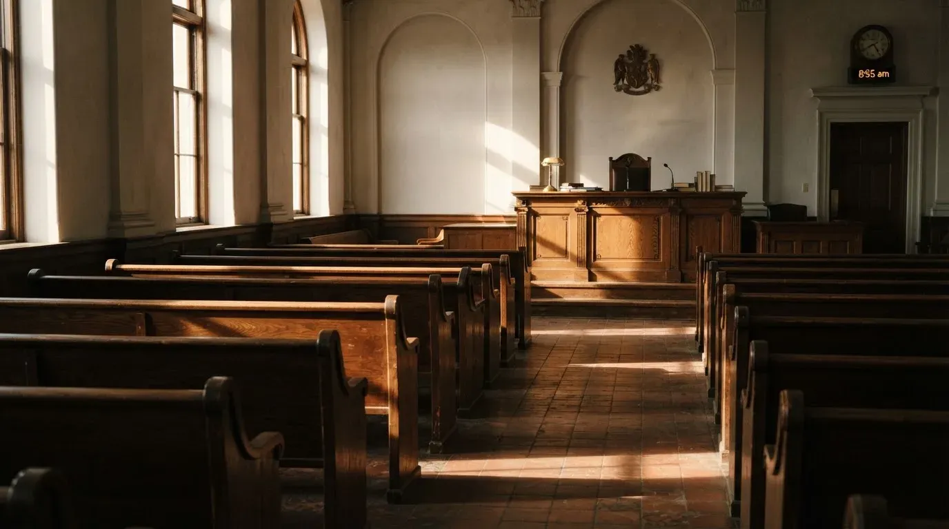 An empty courtroom with wooden benches in morning light