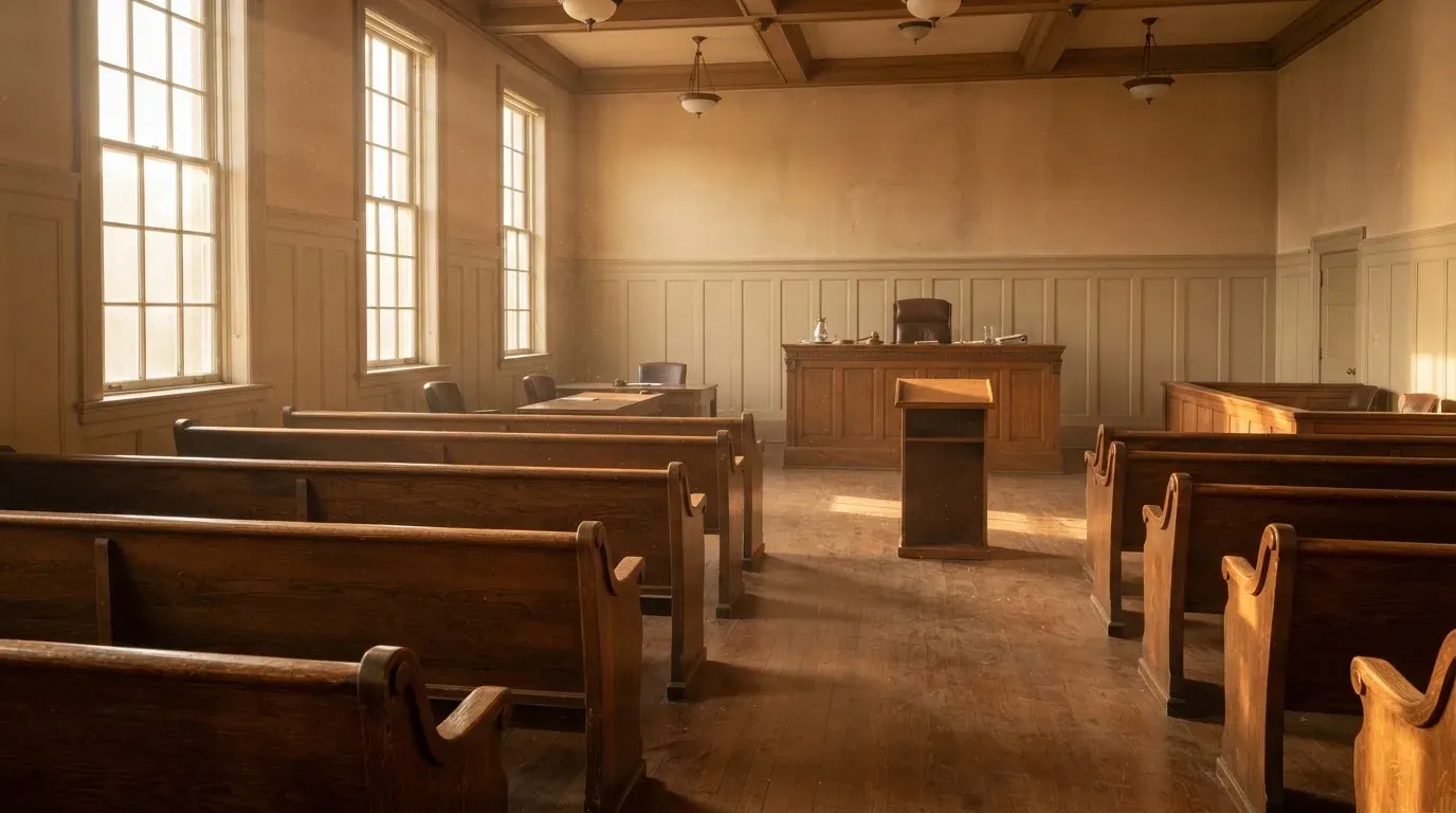 An empty courtroom with wooden benches in morning light