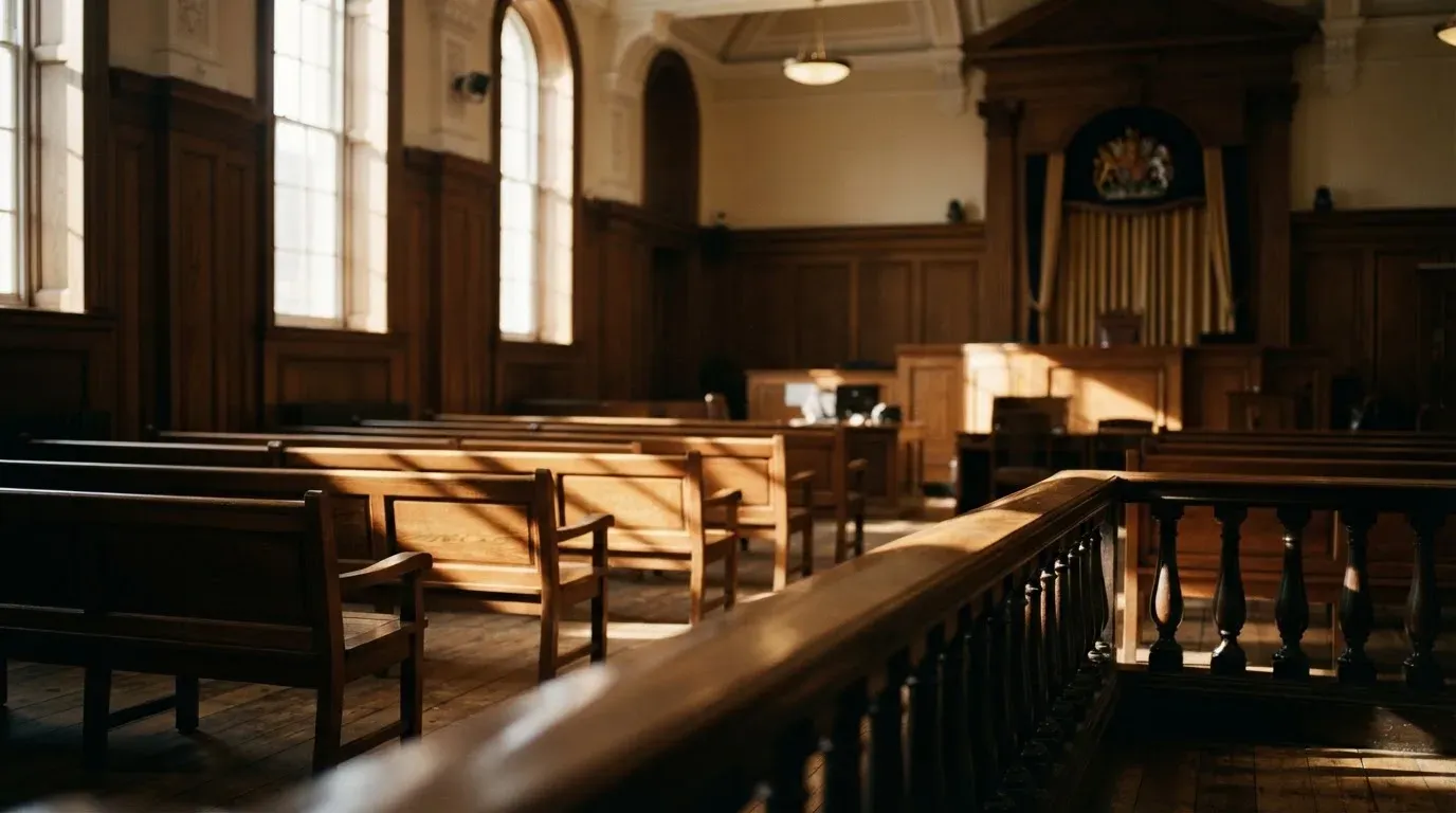 An empty courtroom with wooden benches in morning light