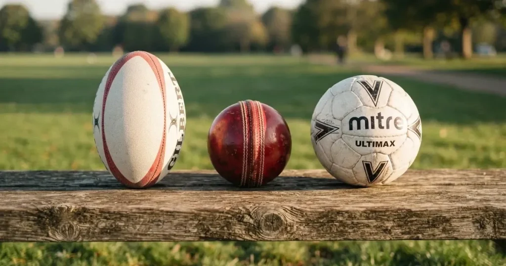 Three balls of different kinds side by side on a wooden bench