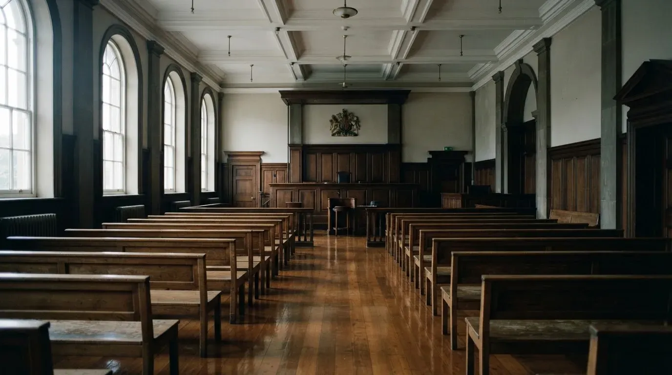 An empty courtroom with wooden benches in morning light