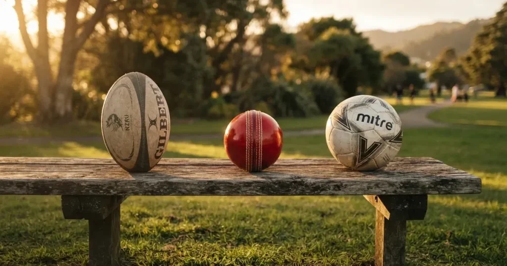 Three balls of different kinds side by side on a wooden bench