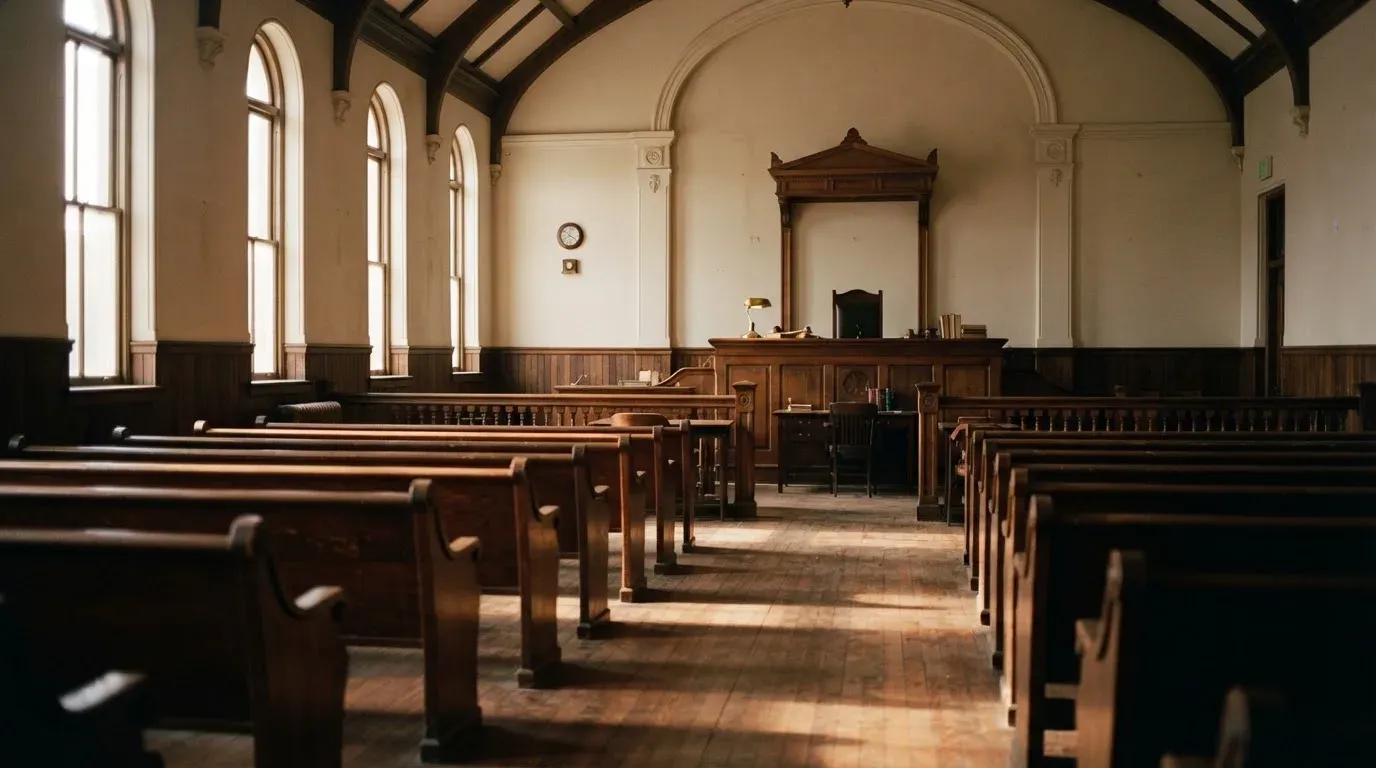 An empty courtroom with wooden benches in morning light