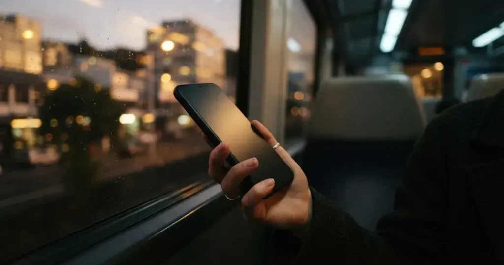 A hand holding a smartphone on a train in the evening, screen turned away