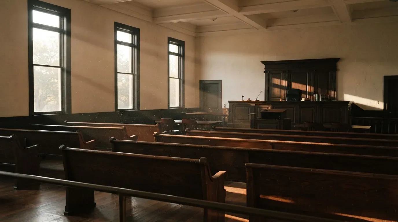 An empty courtroom with wooden benches in morning light