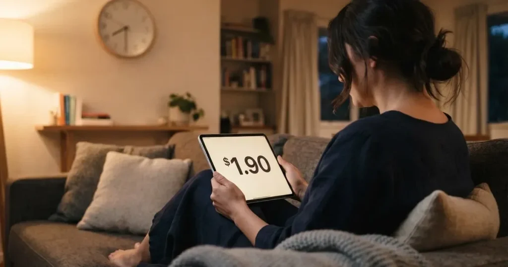 A person on a sofa looking thoughtfully at a tablet, a wall clock in the background