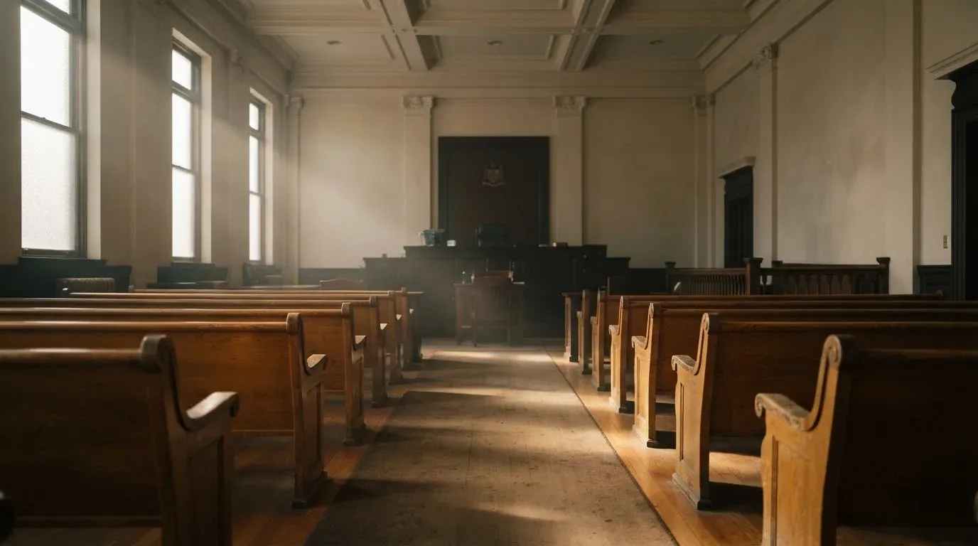 An empty courtroom with wooden benches in morning light