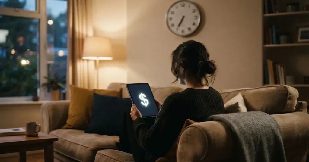 A person on a sofa looking thoughtfully at a tablet, a wall clock in the background