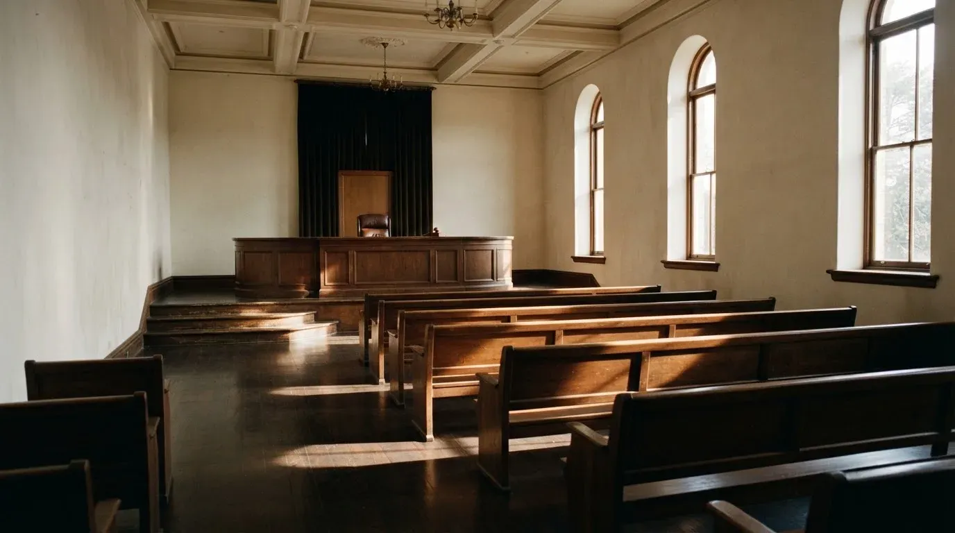 An empty courtroom with wooden benches in morning light