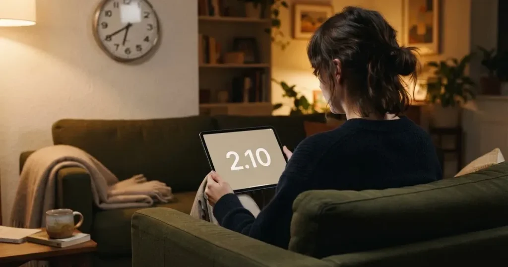 A person on a sofa looking thoughtfully at a tablet, a wall clock in the background
