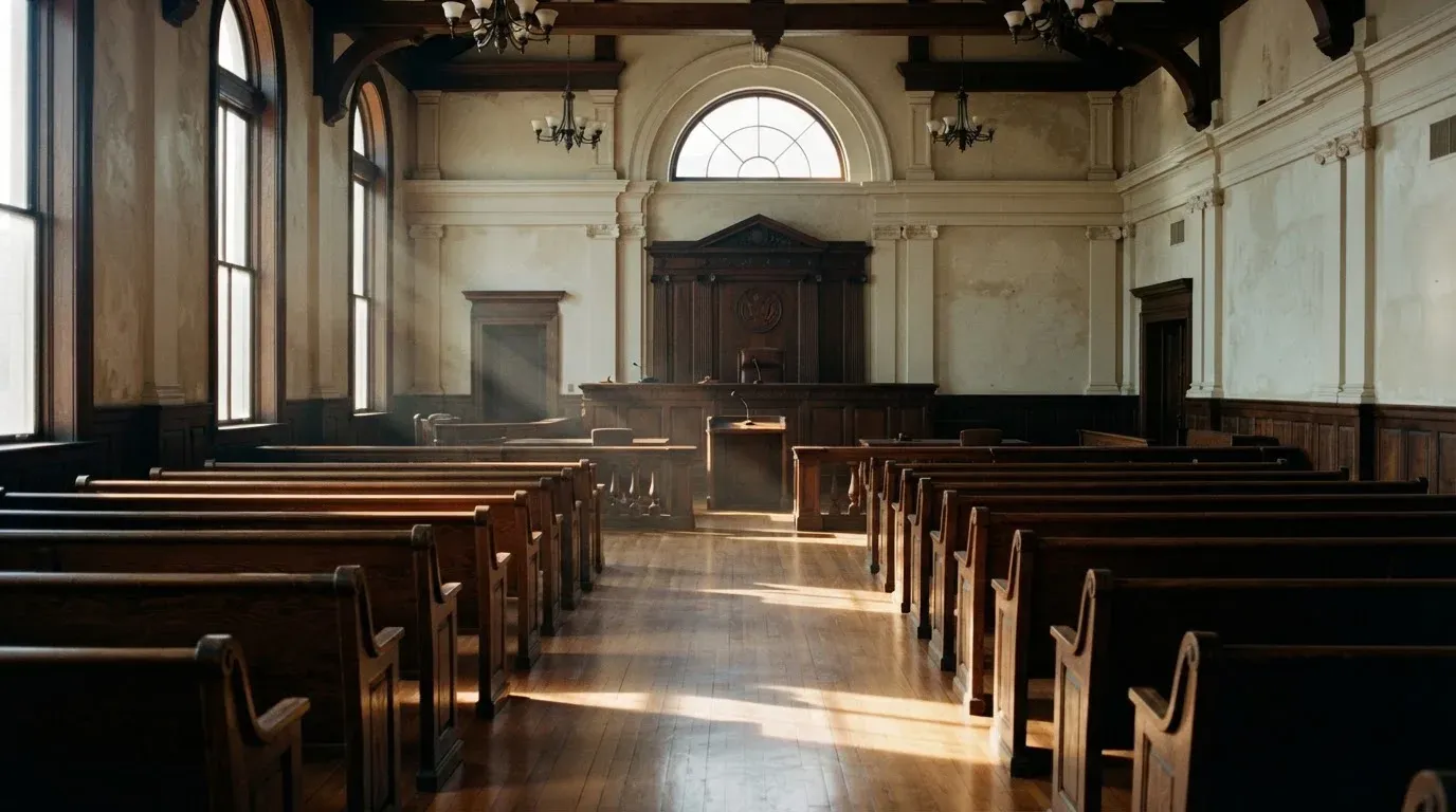 An empty courtroom with wooden benches in morning light