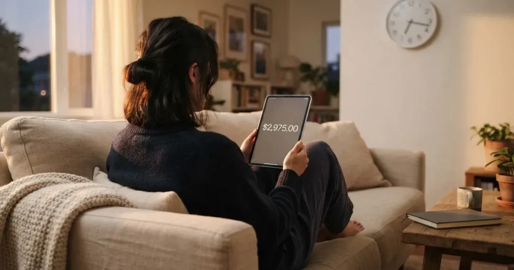 A person on a sofa looking thoughtfully at a tablet, a wall clock in the background