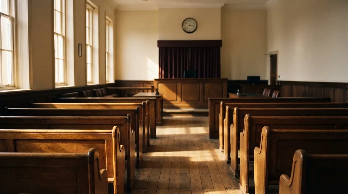 An empty courtroom with wooden benches in morning light