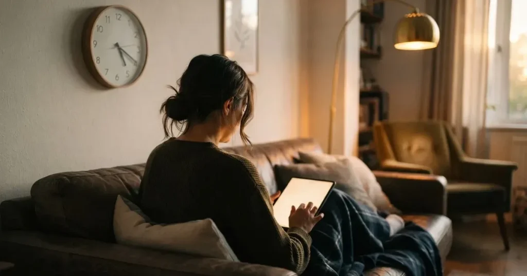 A person on a sofa looking thoughtfully at a tablet, a wall clock in the background