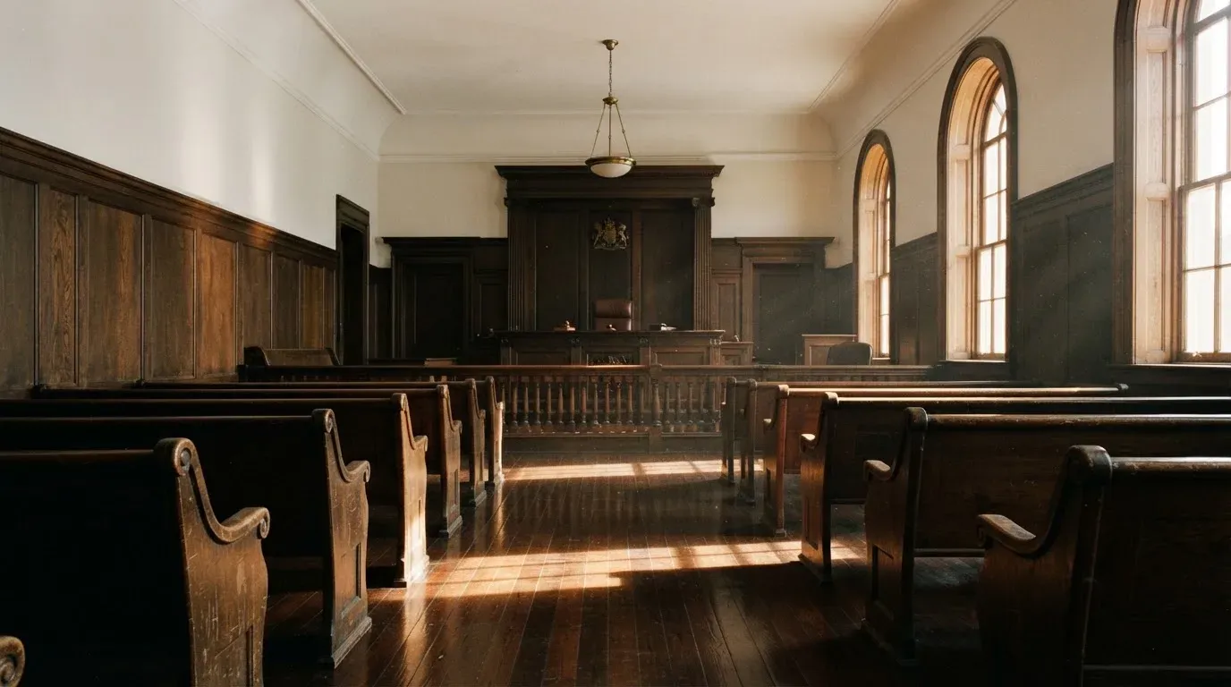 An empty courtroom with wooden benches in morning light