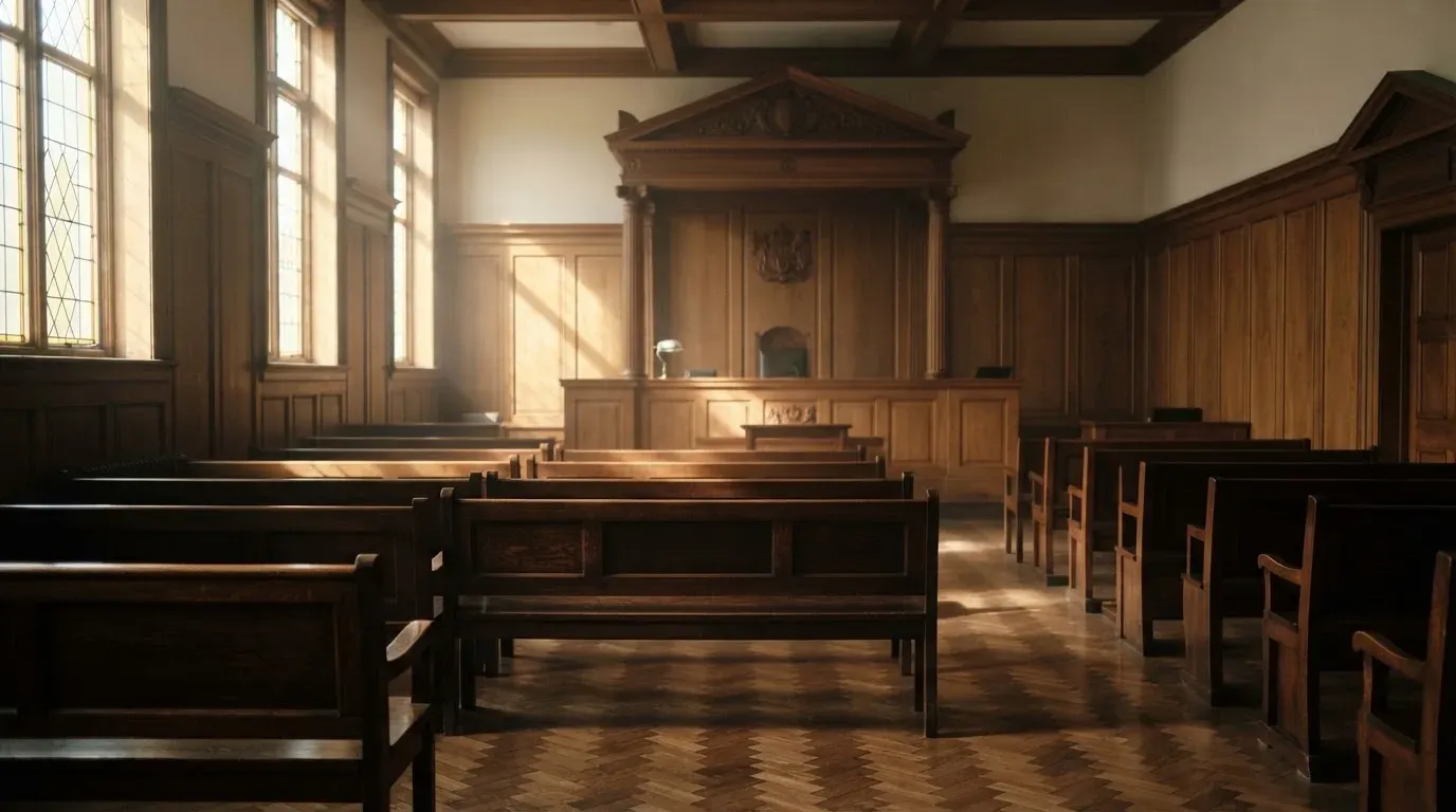 An empty courtroom with wooden benches in morning light