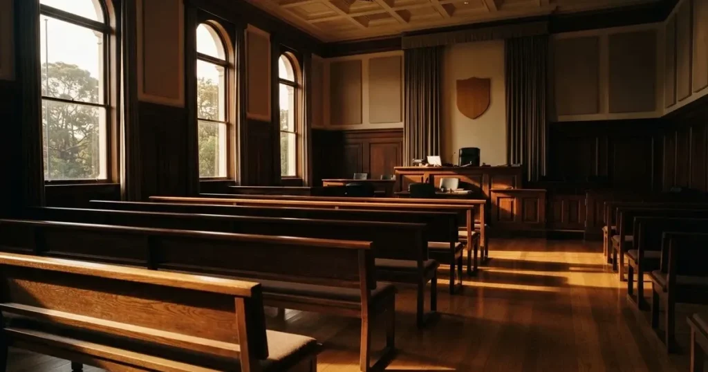 An empty courtroom with wooden benches in morning light