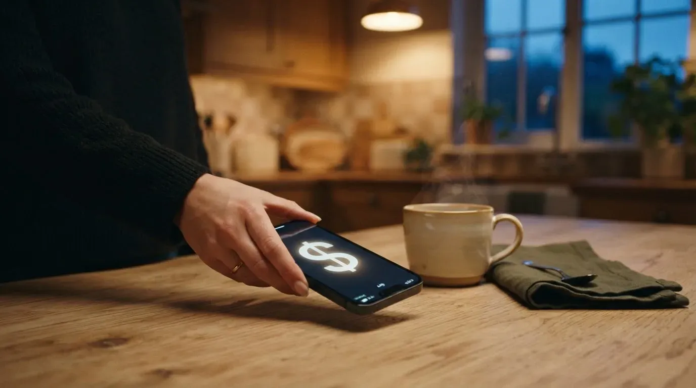 A hand setting a smartphone down beside a cup of tea on a kitchen table on a quiet evening