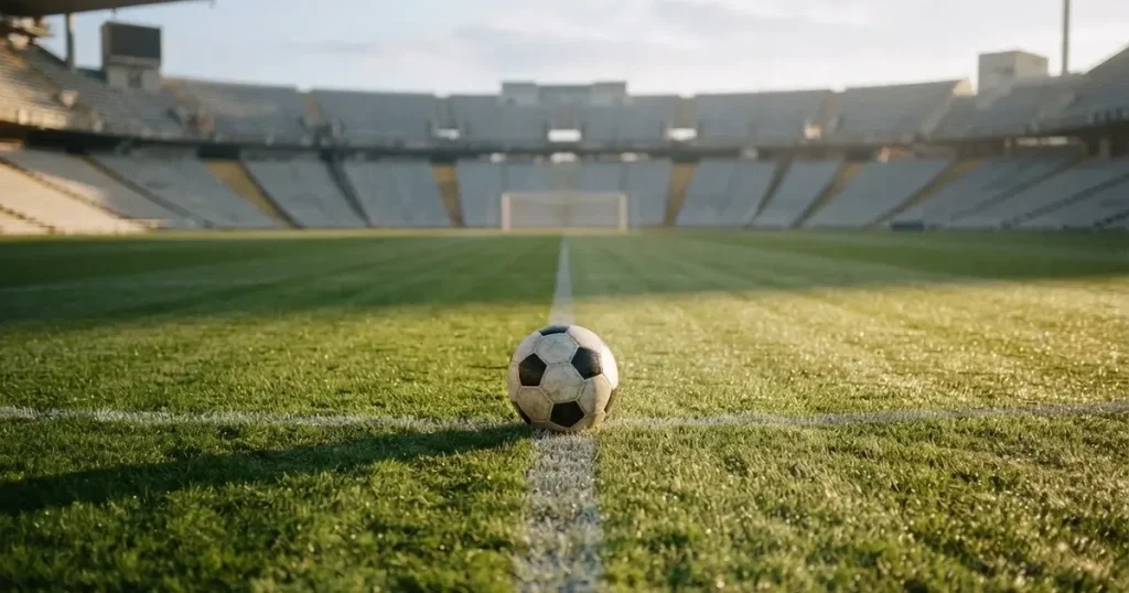 A ball on the centre spot of a grass pitch in morning light