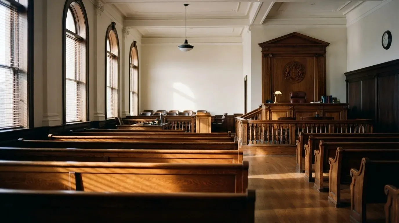 An empty courtroom with wooden benches in morning light
