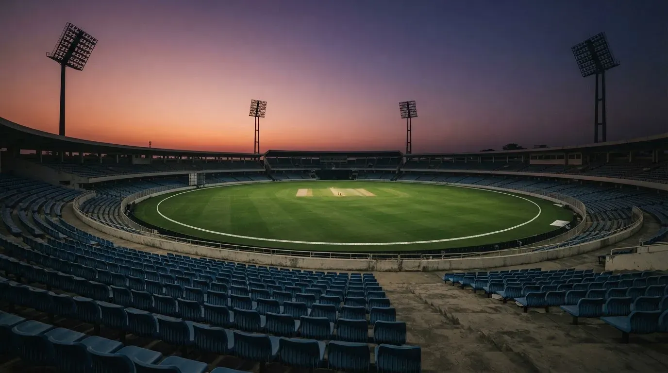 An empty football stadium with floodlight masts at dusk