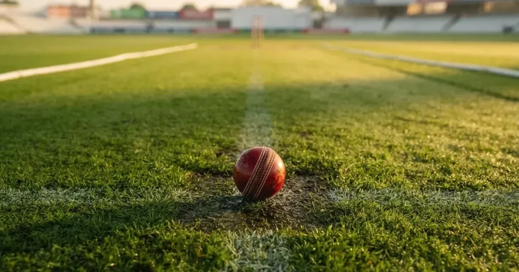A ball on the centre spot of a grass pitch in morning light
