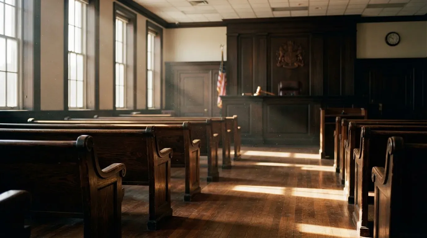 An empty courtroom with wooden benches in morning light