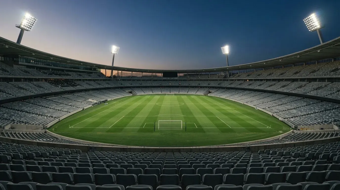 An empty football stadium with floodlight masts at dusk