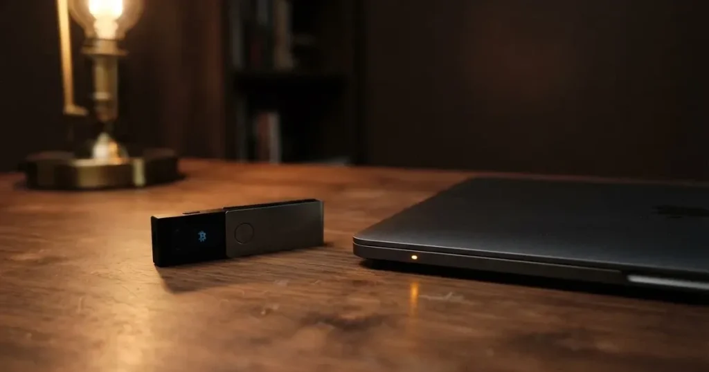 A hardware wallet and a closed laptop on a desk in dim light