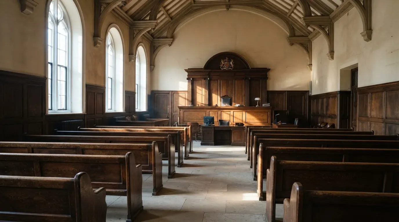 An empty courtroom with wooden benches in morning light