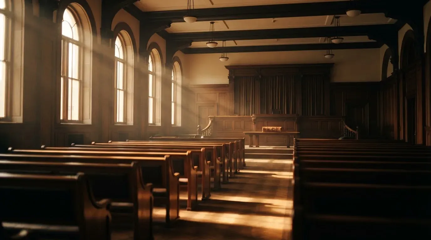 An empty courtroom with wooden benches in morning light