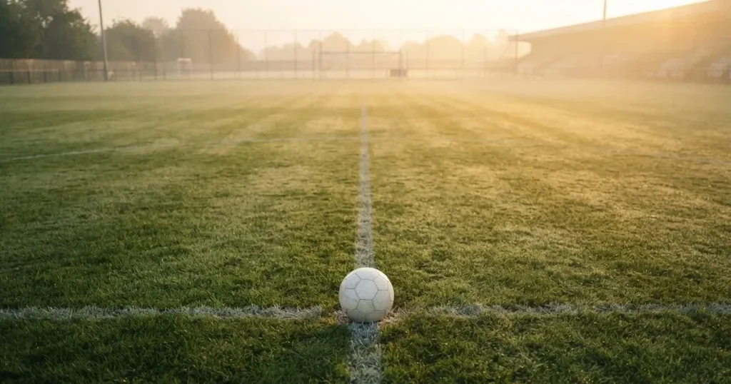 A ball on the centre spot of a grass pitch in morning light