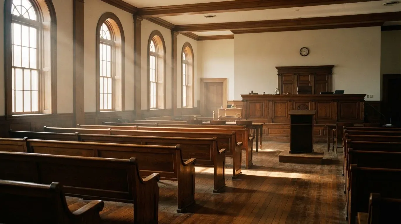 An empty courtroom with wooden benches in morning light