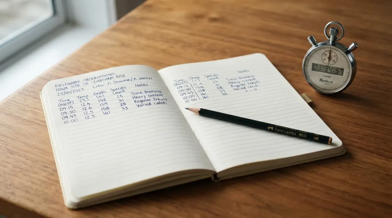 An open notebook with a pencil and a stopwatch on a wooden table