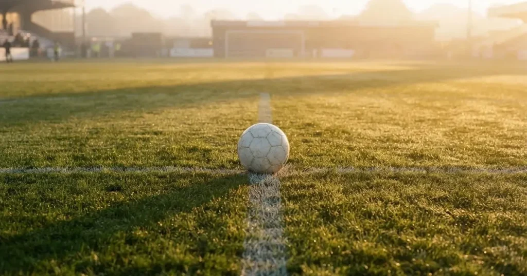 A ball on the centre spot of a grass pitch in morning light