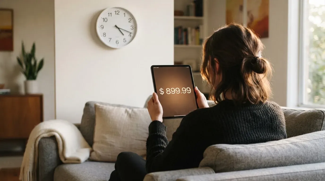 A person on a sofa looking thoughtfully at a tablet, a wall clock in the background