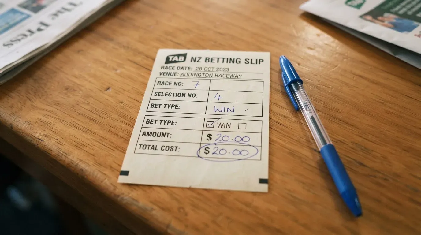 A blank paper betting slip beside a pen on a wooden counter