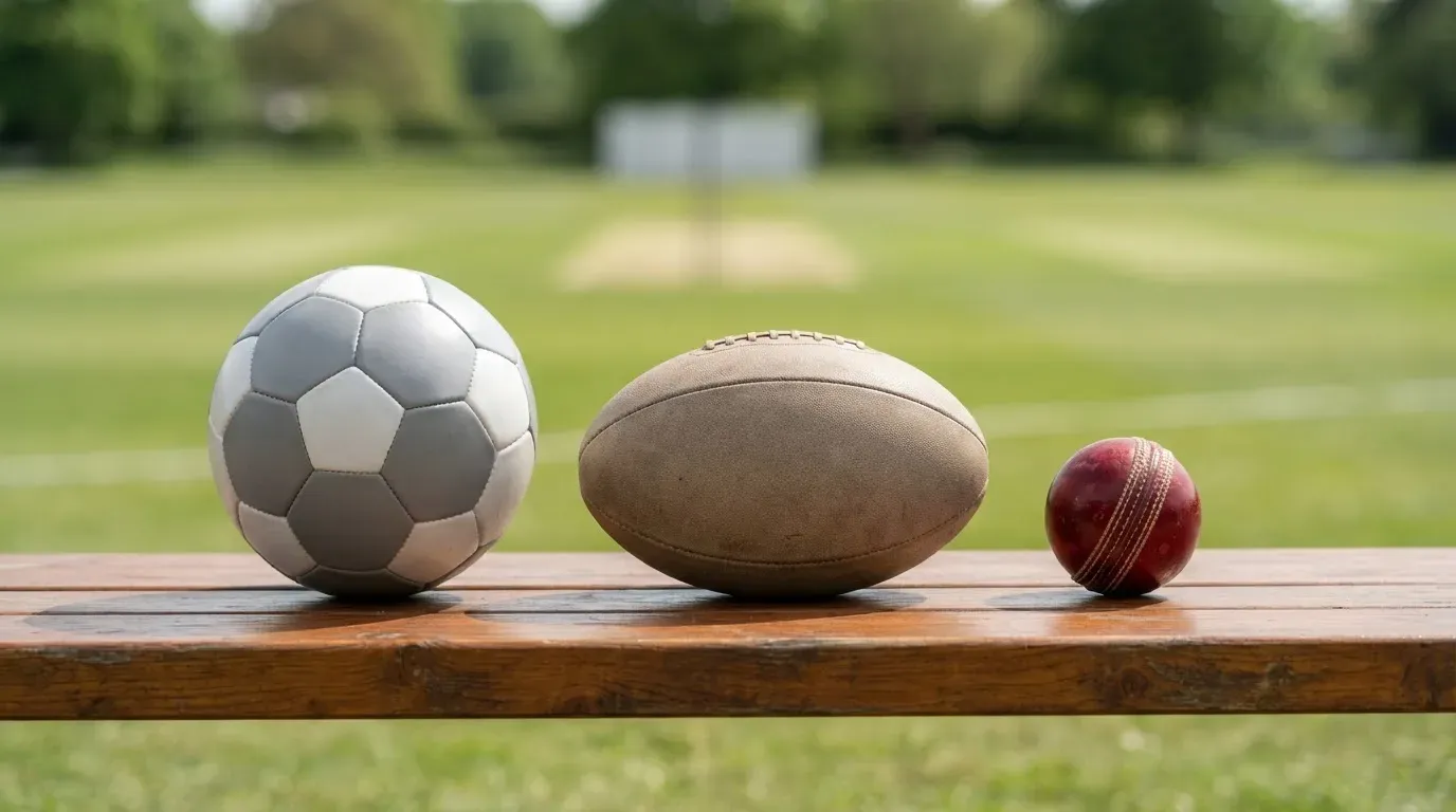 Three balls of different kinds side by side on a wooden bench