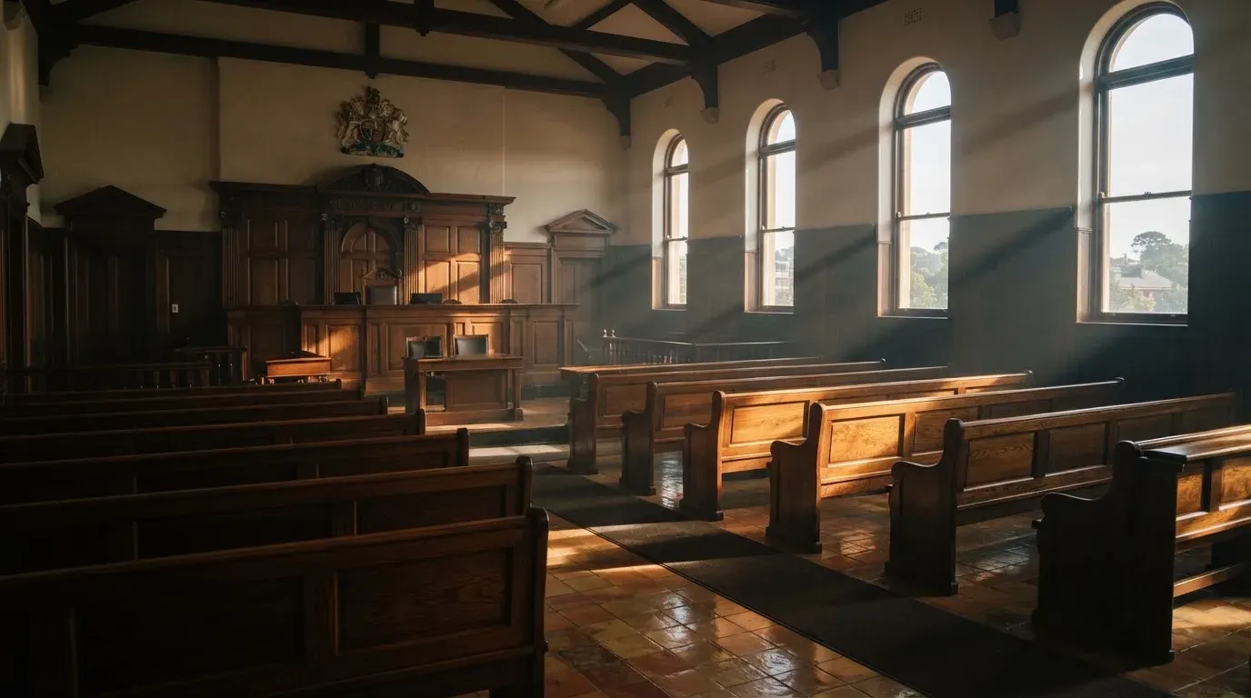 An empty courtroom with wooden benches in morning light