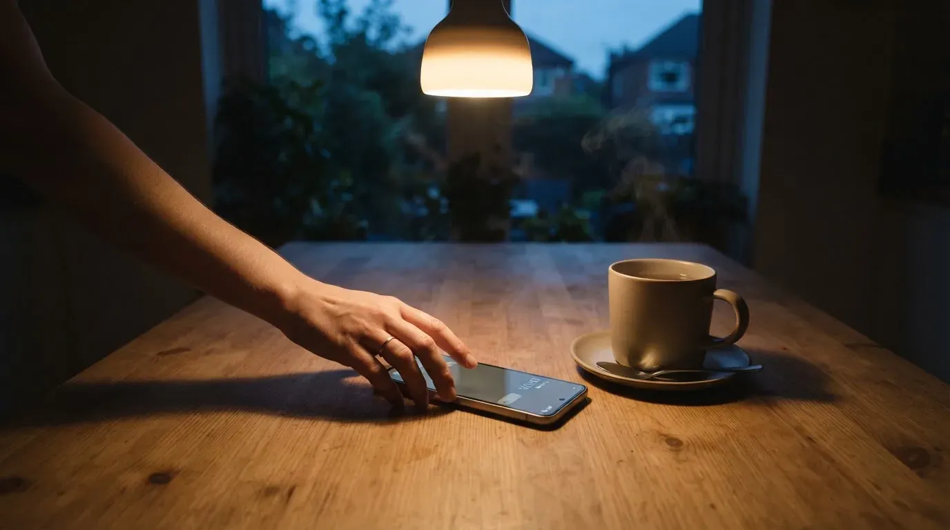 A hand setting a smartphone down beside a cup of tea on a kitchen table on a quiet evening