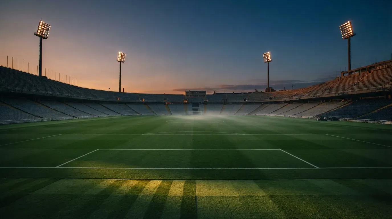 An empty football stadium with floodlight masts at dusk