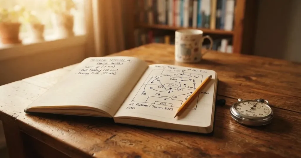 An open notebook with a pencil and a stopwatch on a wooden table