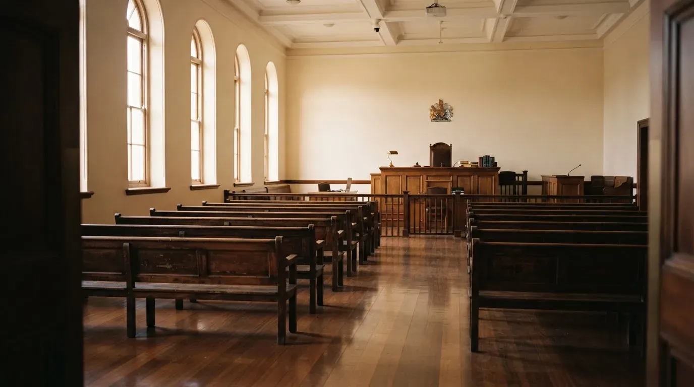 An empty courtroom with wooden benches in morning light