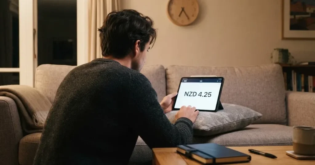 A person on a sofa looking thoughtfully at a tablet, a wall clock in the background