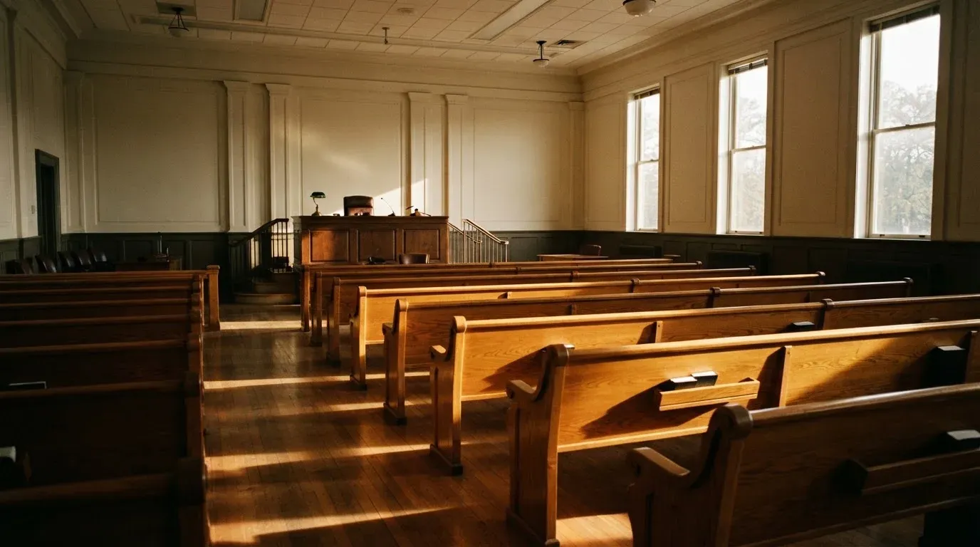An empty courtroom with wooden benches in morning light