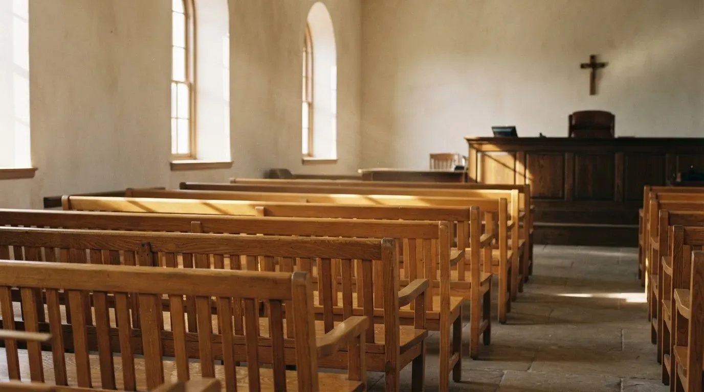 An empty courtroom with wooden benches in morning light